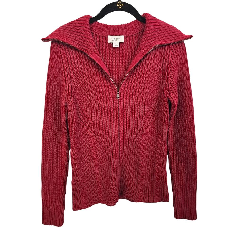 Ann Taylor LOFT Red Fold Over Collar Ribbed Zip Sweater Size M